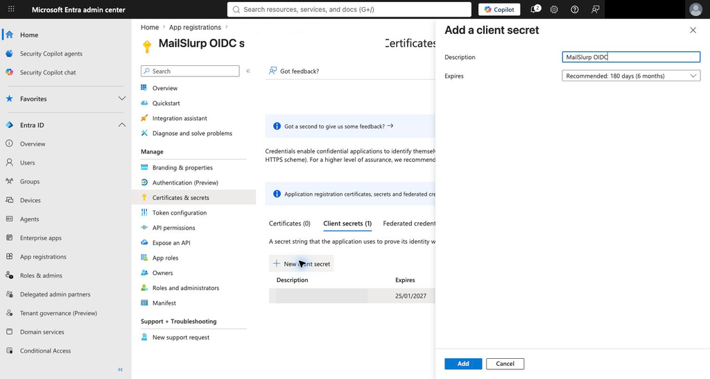 Entra client secret form