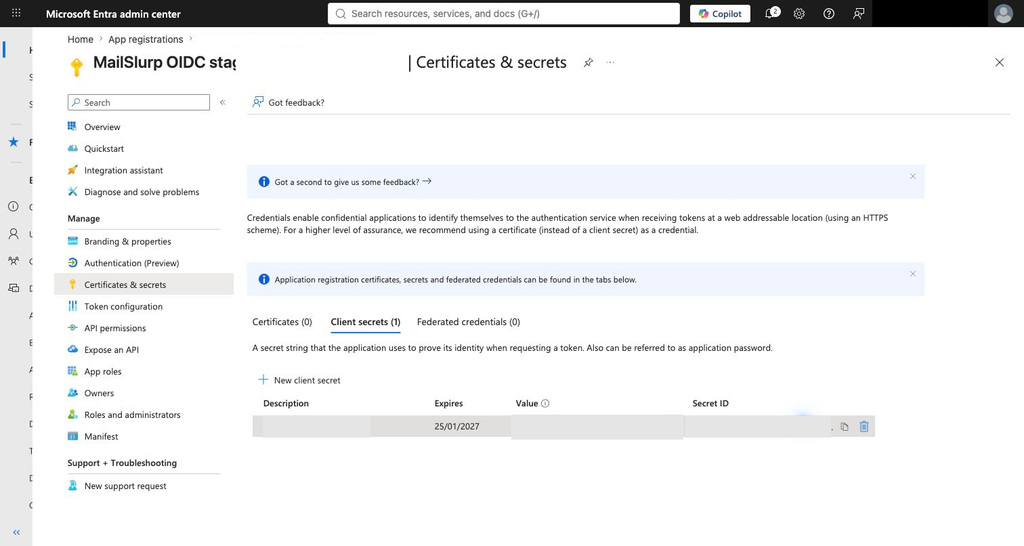 Entra client secret created with the secret value redacted
