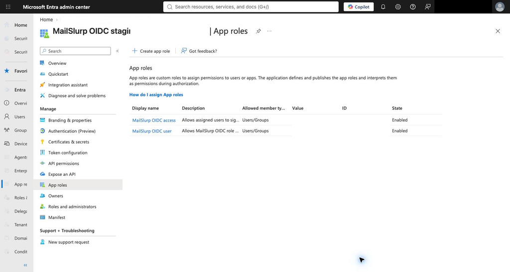 Entra app roles for MailSlurp OIDC