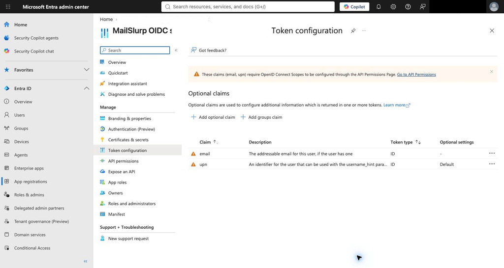 Entra token configuration with optional user and group claims
