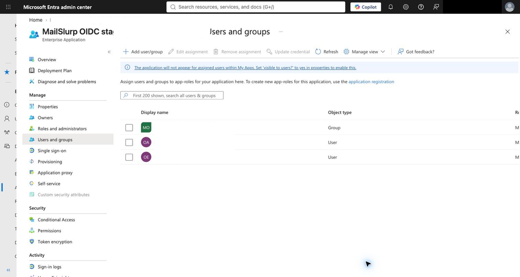 Entra users and groups assigned to the Enterprise Application