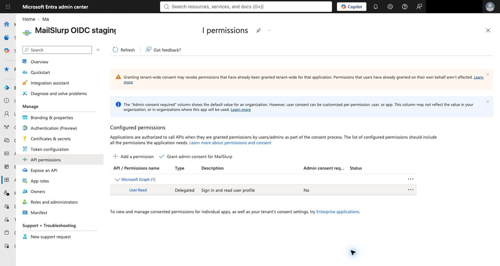 Entra API permissions with admin consent granted