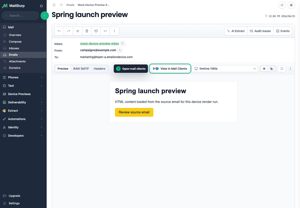 Received MailSlurp email with the View in Mail Clients action highlighted