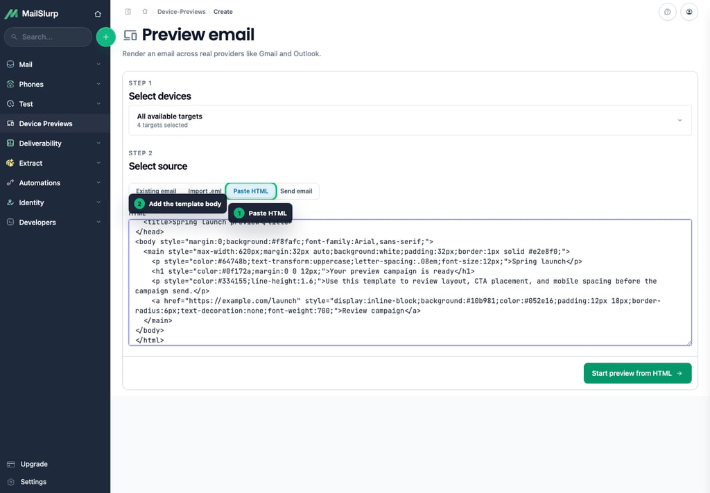 Device preview create page with a pasted HTML template ready to render