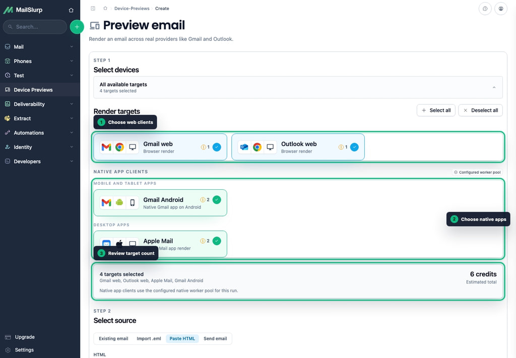 Expanded device target selector with web and native email clients