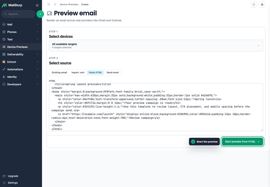Device preview create page ready to start a render from pasted HTML