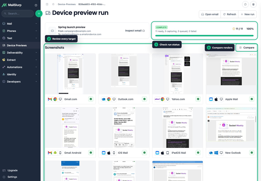 Completed device preview run with target status, screenshots, and comparison controls