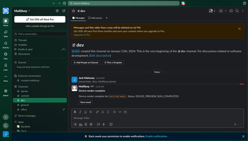 Slack channel with a MailSlurp device render notification