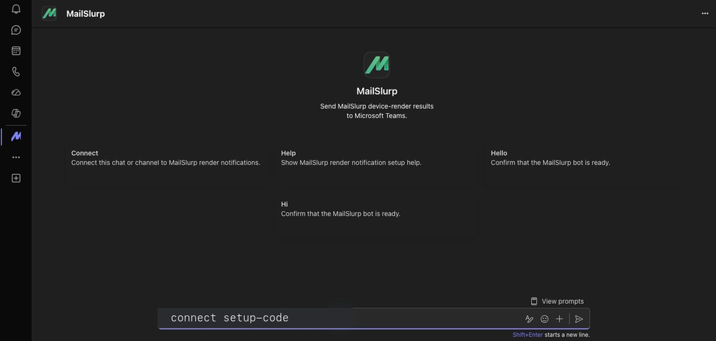 Microsoft Teams chat with a prefilled MailSlurp connect message ready to send