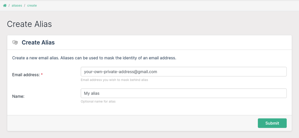 Create alias in dashboard