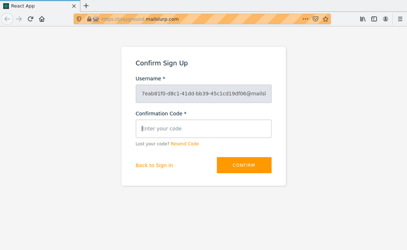 MailSlurp playground confirmation form with an input for the delivered verification code