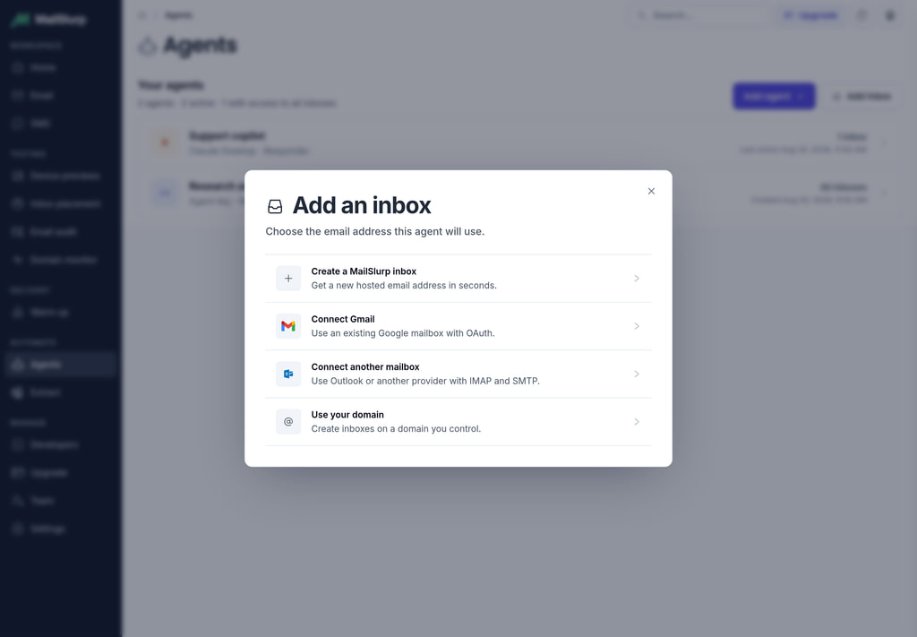 Choose a new, connected, or custom-domain inbox for an agent