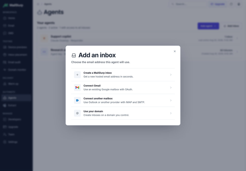 Choose a new, connected, or custom-domain inbox for an agent