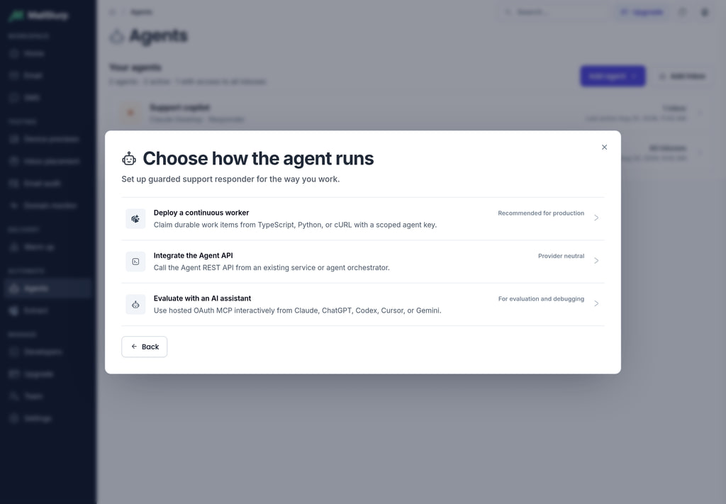 Choose an OAuth AI client or a custom agent key in MailSlurp