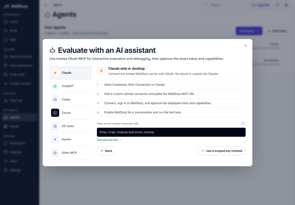 Copy the MailSlurp MCP endpoint from the AI client setup