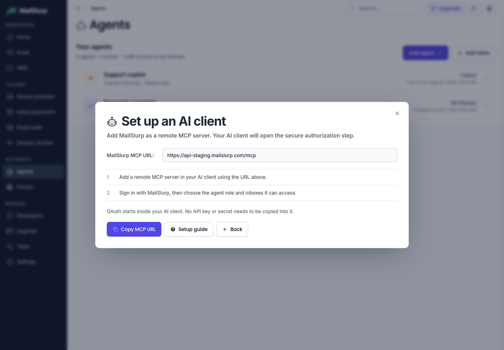 Copy the MailSlurp MCP endpoint from the AI client setup