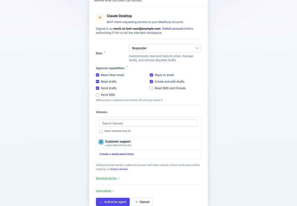 Approve an MCP client and choose its MailSlurp inbox access