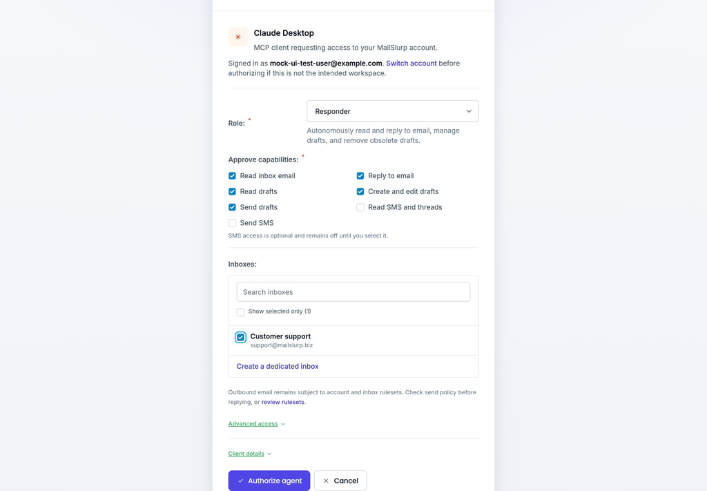 Authorize an MCP client and select its MailSlurp inbox access
