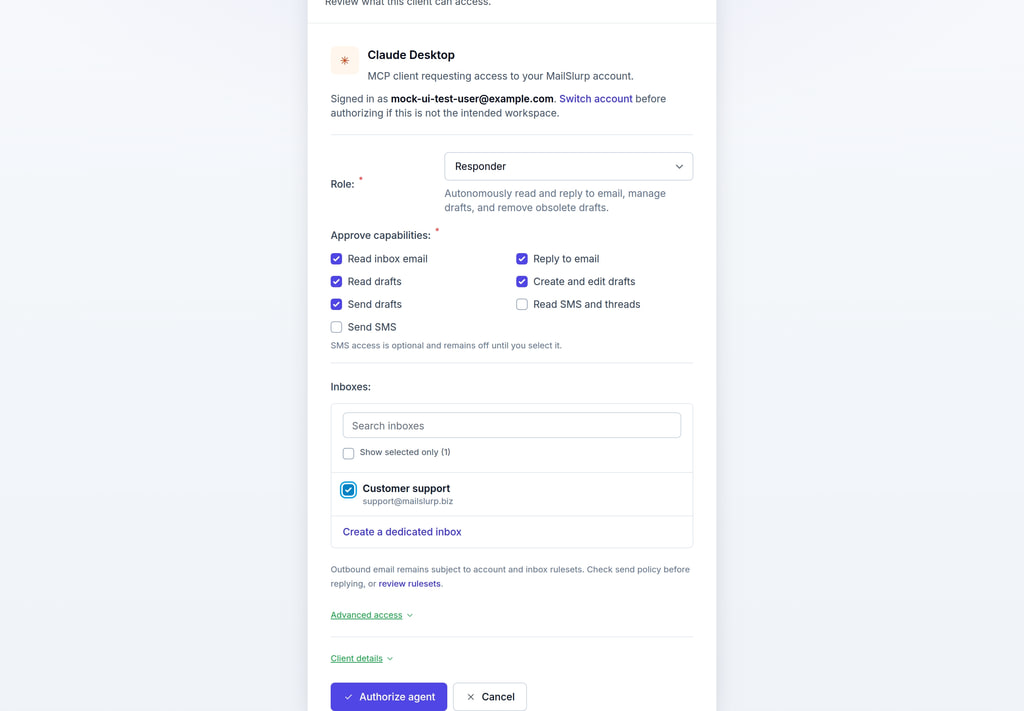 Authorize an MCP client and select its MailSlurp inbox access