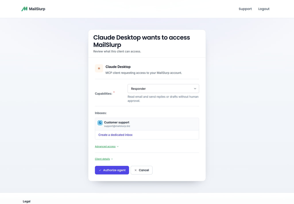 Authorize an MCP client and select its MailSlurp inbox access