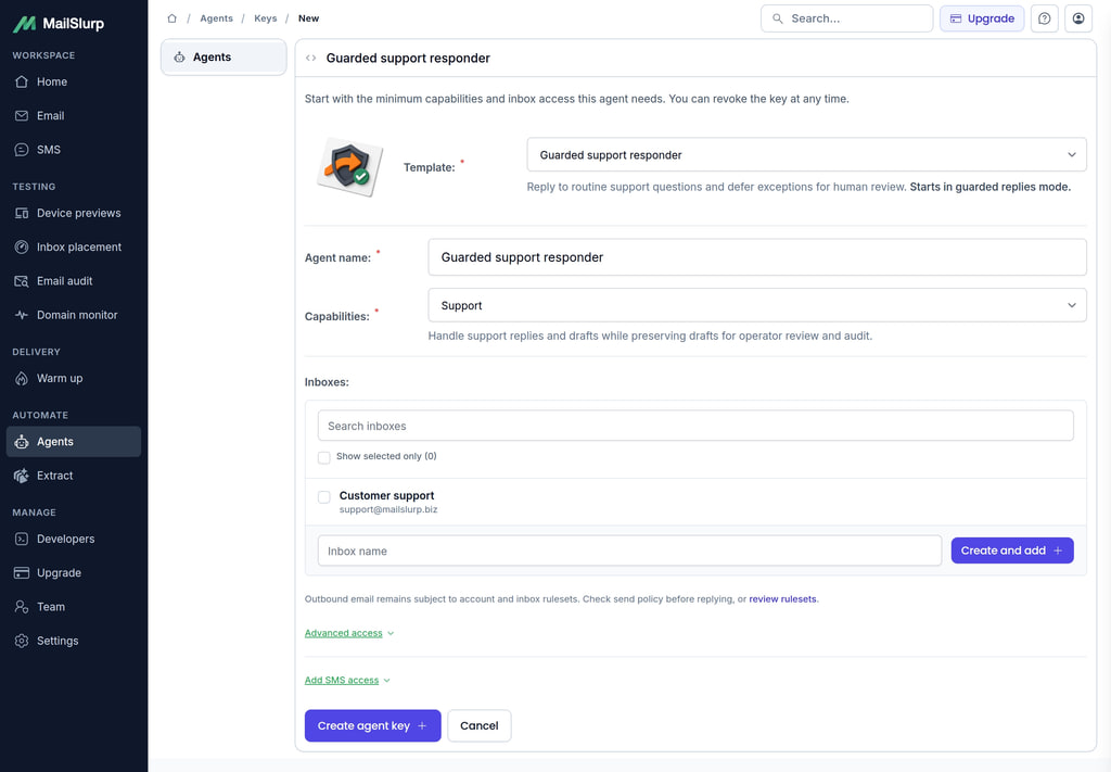 Create a least-privilege key for a custom email agent