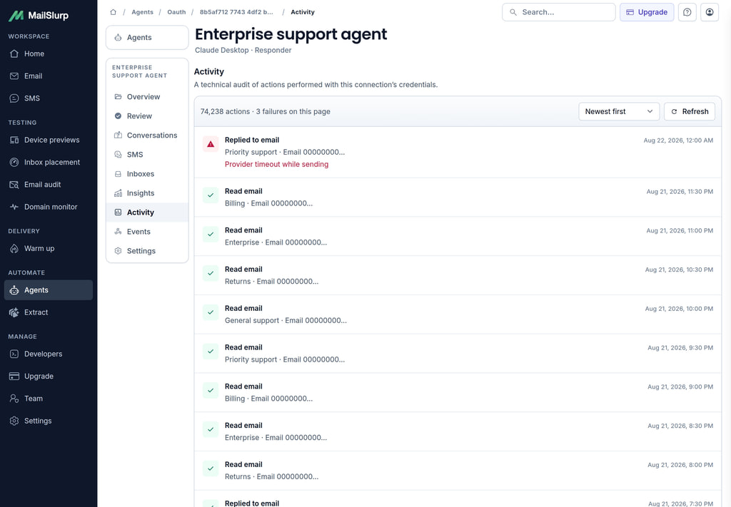 Paginated audit history for a high-volume agent