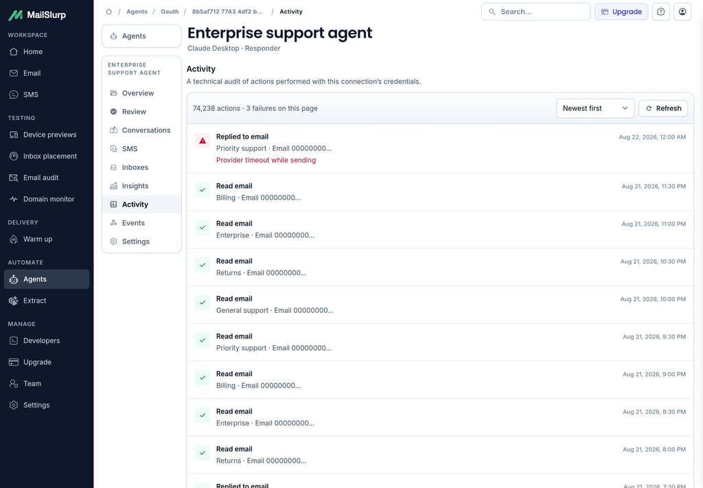 Paginated audit history for a high-volume agent