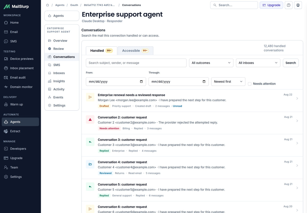 Search and filter a high-volume agent conversation workspace