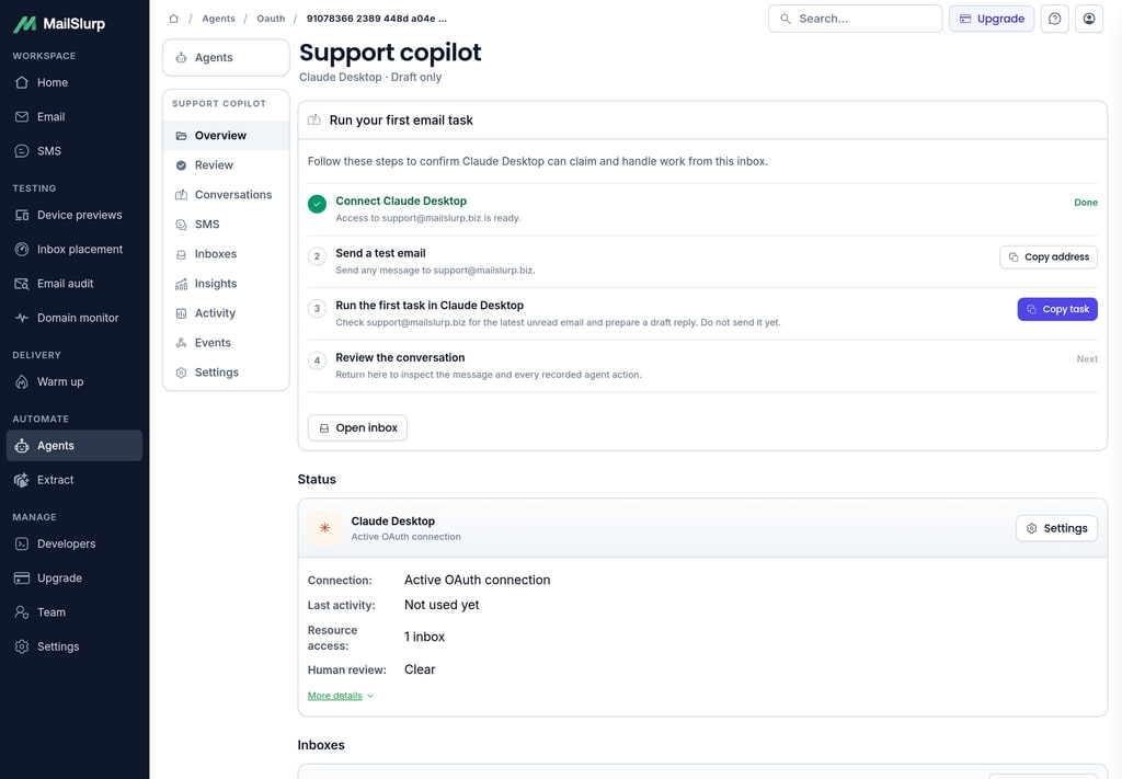 Run the first email task after connecting an agent