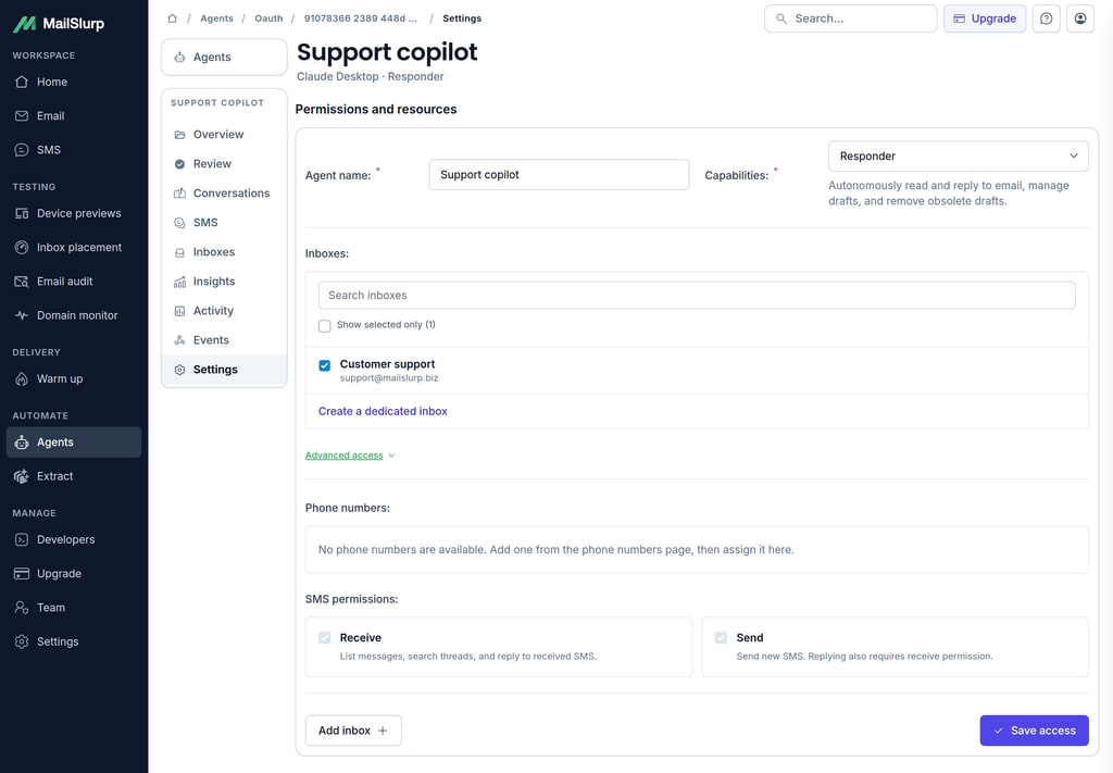 Edit agent permissions, inbox access, and connection state