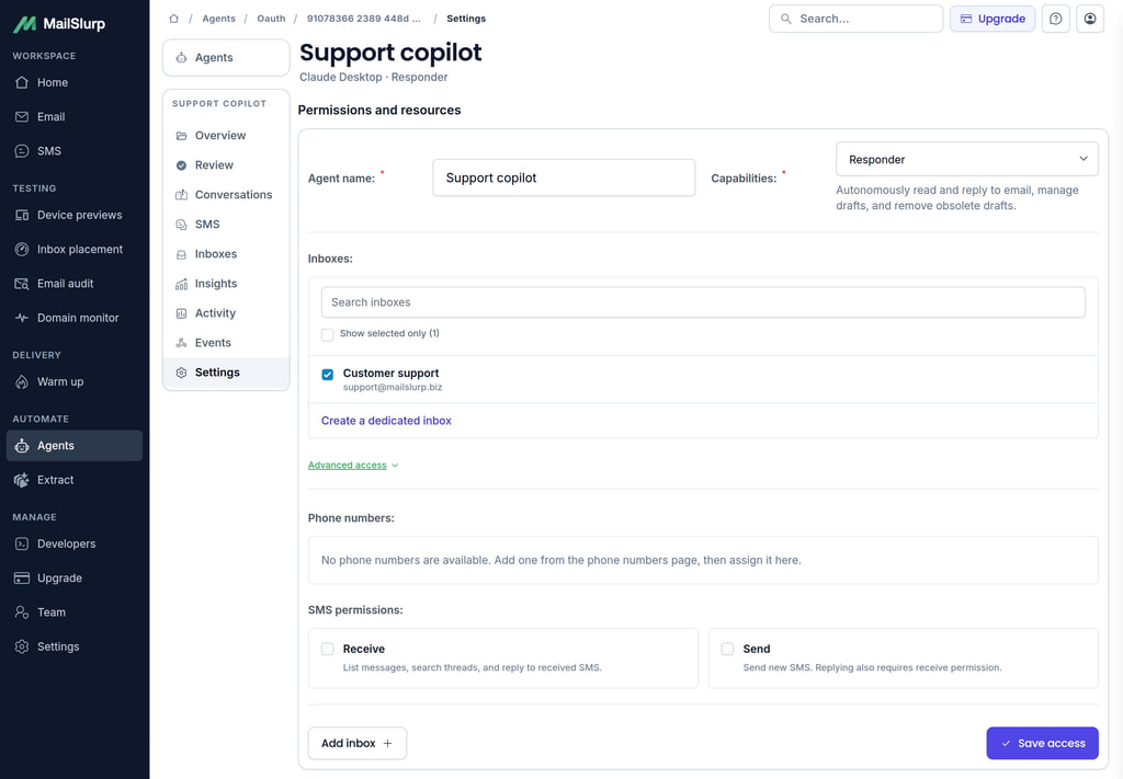 Edit agent permissions, inbox access, and connection state