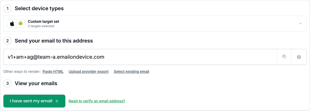 Device preview create page showing the generated render email address ingest method