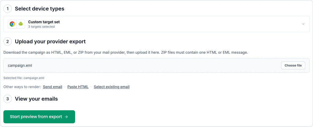 Device preview create page with an EML file selected and ready to render