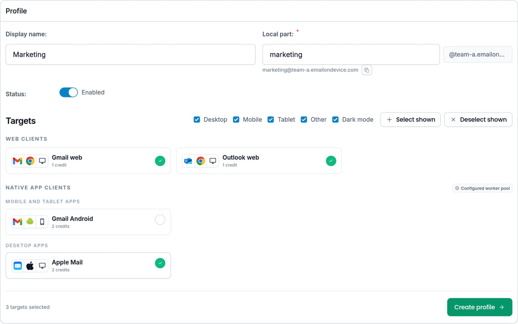 Create device preview profile form with a reusable set of render targets