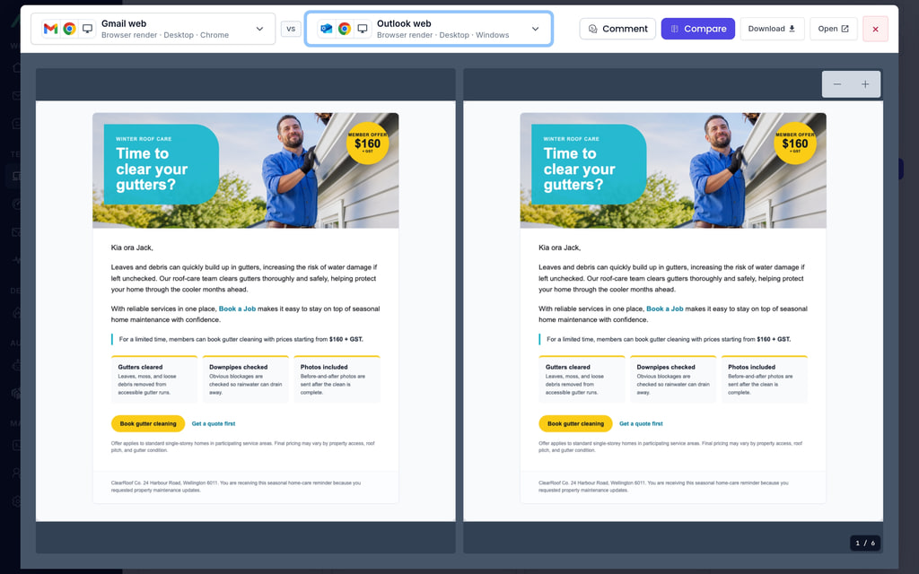 Device preview screenshot viewer comparing two clients with review actions
