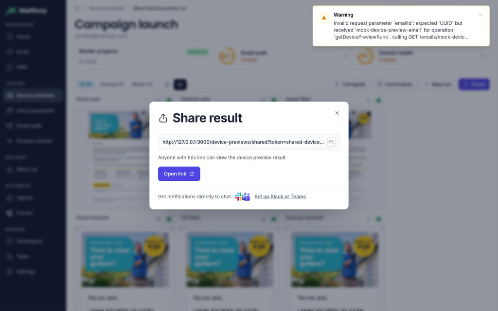 Share device preview result modal with copy link, Slack, and Microsoft Teams actions
