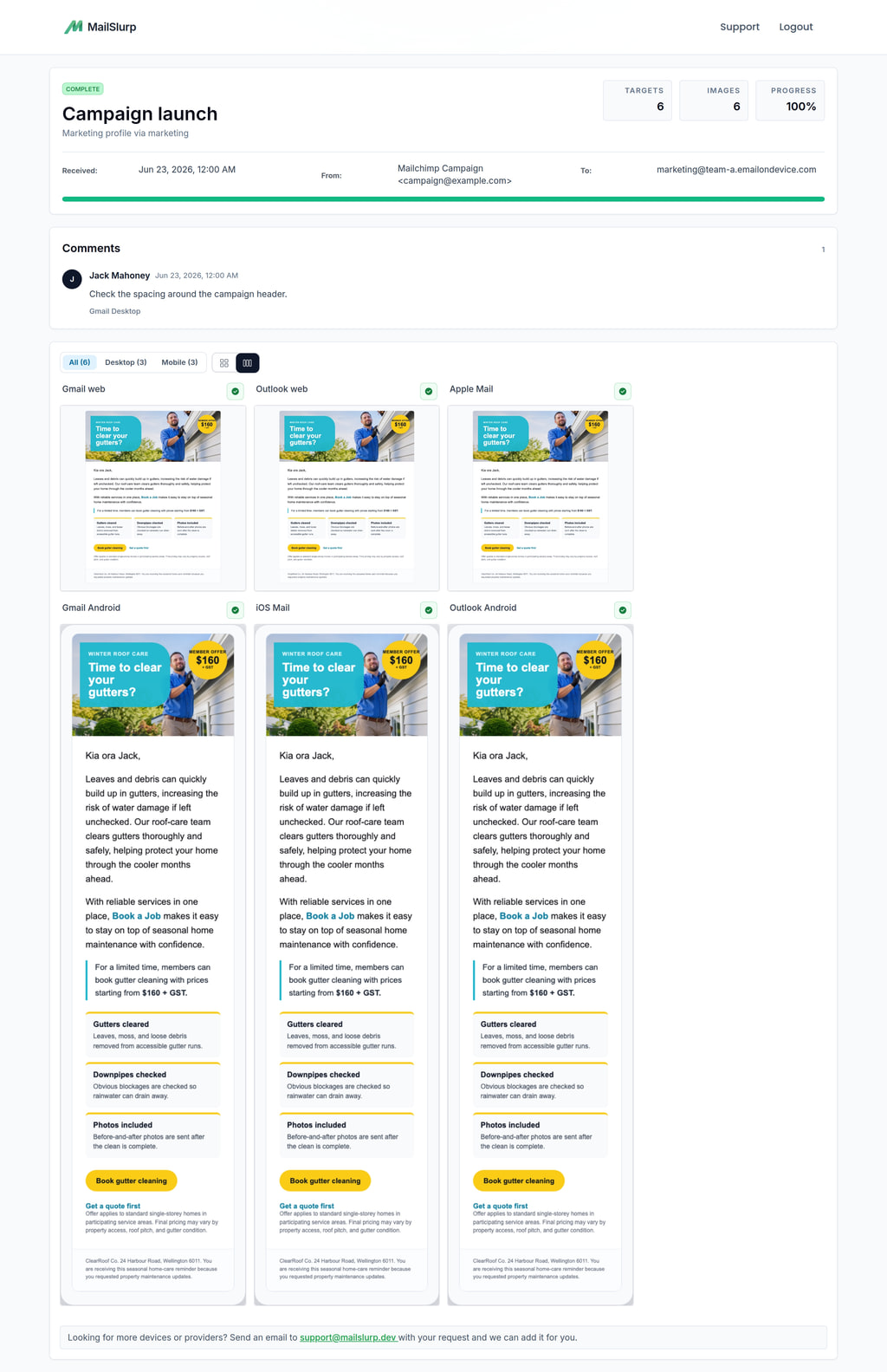 Public shared device preview result with comments and client screenshots
