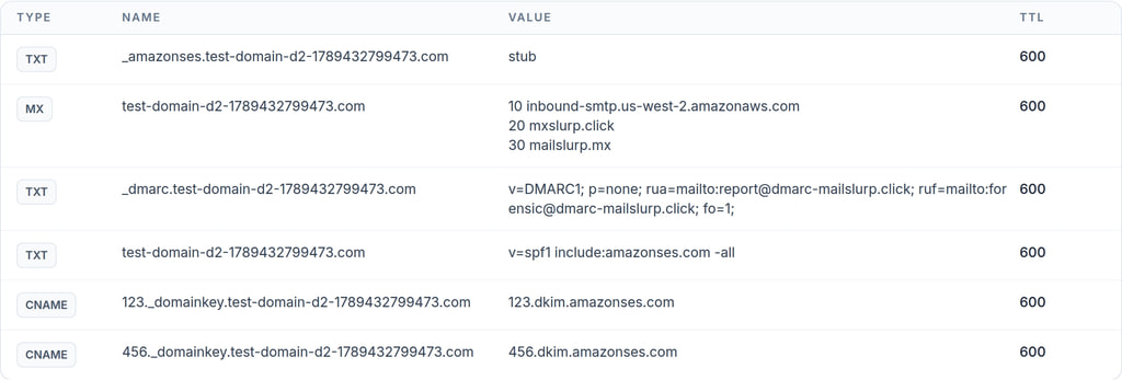 DNS record details in MailSlurp showing SPF, DMARC, MX, and DKIM records
