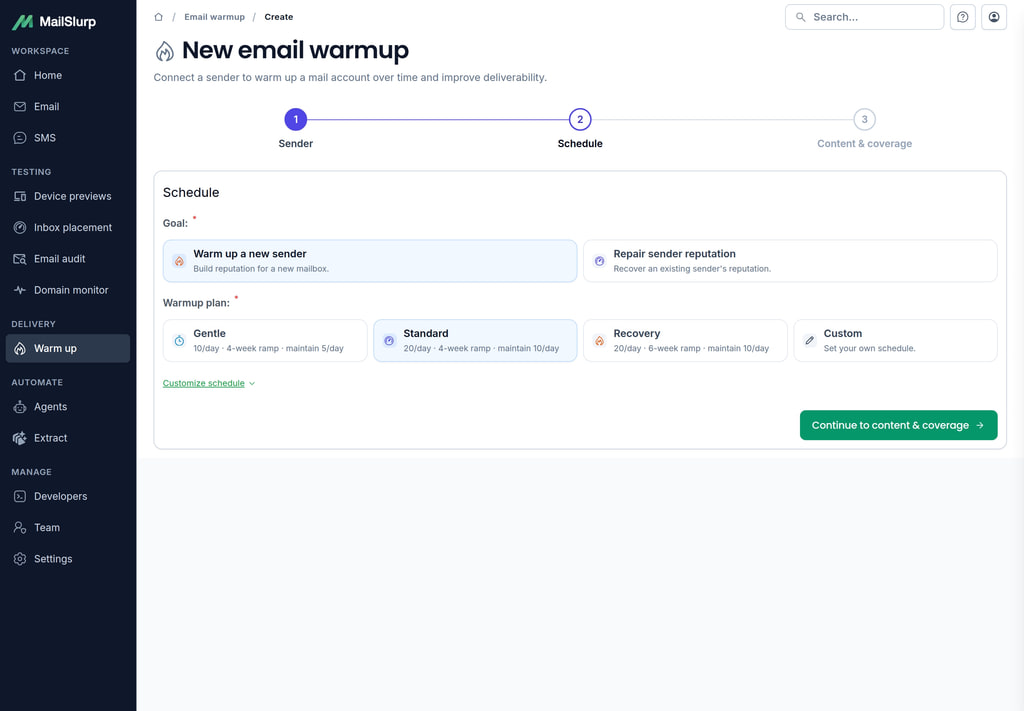 Email warmup goal and schedule preset selection