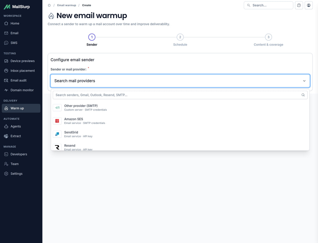 Searchable MailSlurp sender provider selector