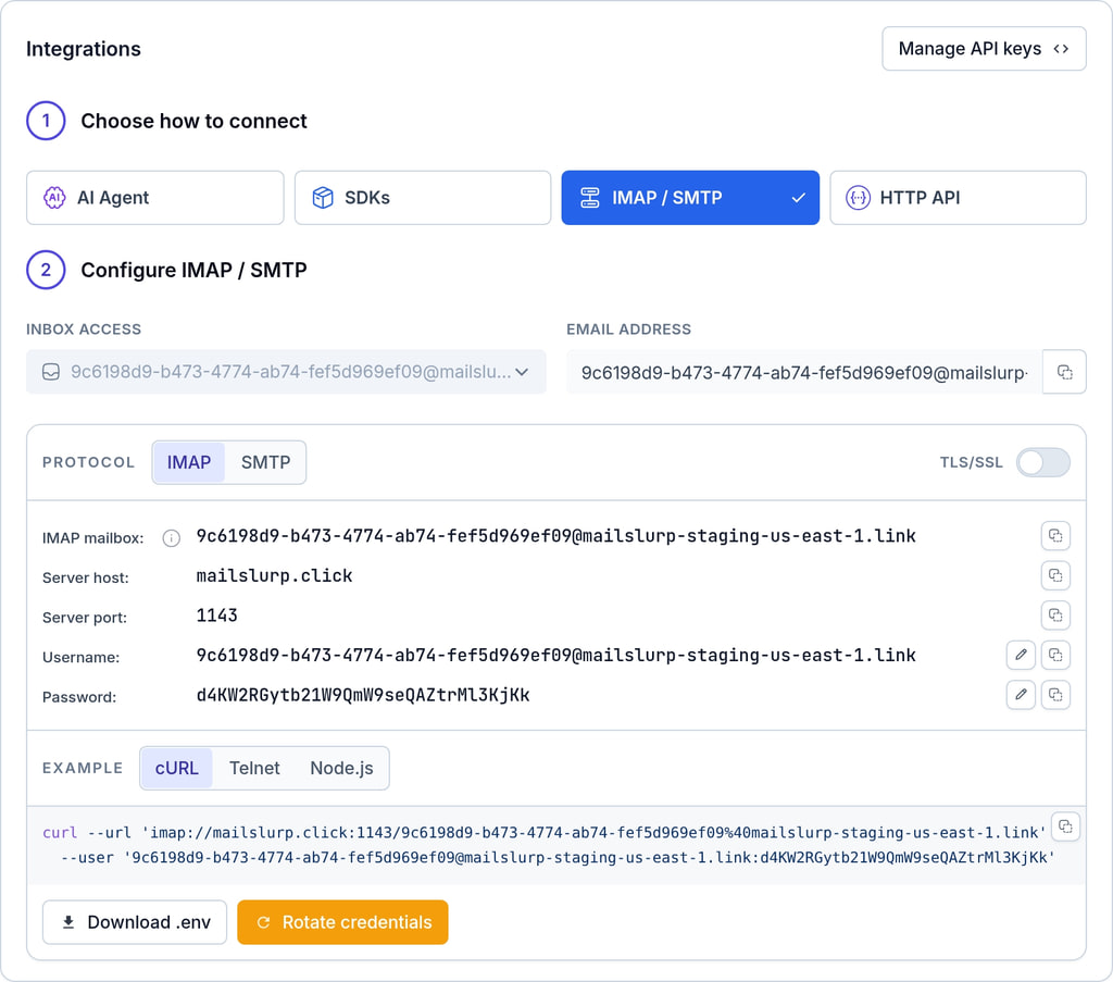 MailSlurp inbox SMTP access settings