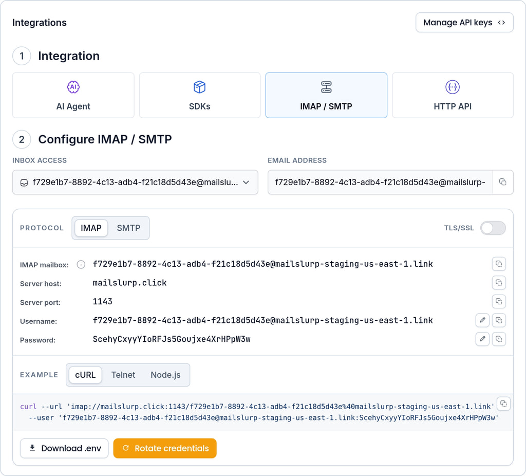 MailSlurp inbox SMTP access settings
