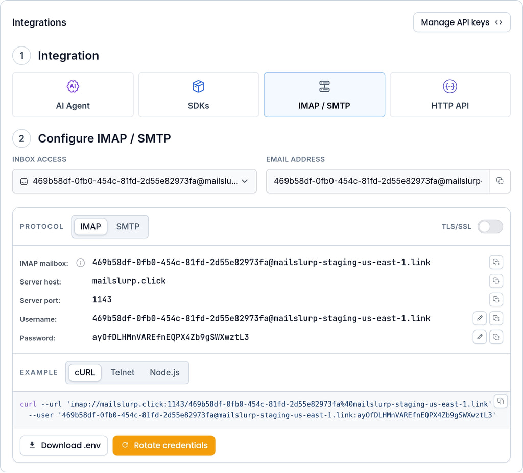 MailSlurp inbox SMTP access settings