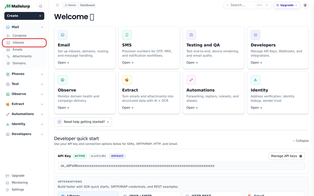 Find domains in dashboard: Click inboxes