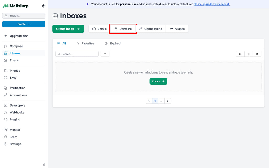 Find domains in dashboard: Click domains