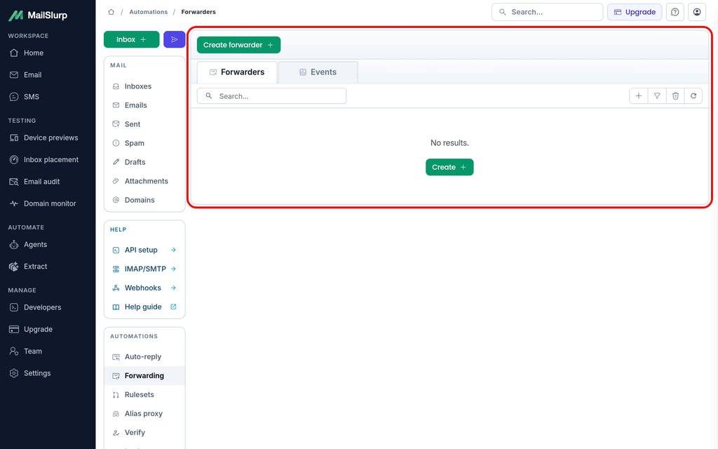 Find forwarders in dashboard: Click inboxes