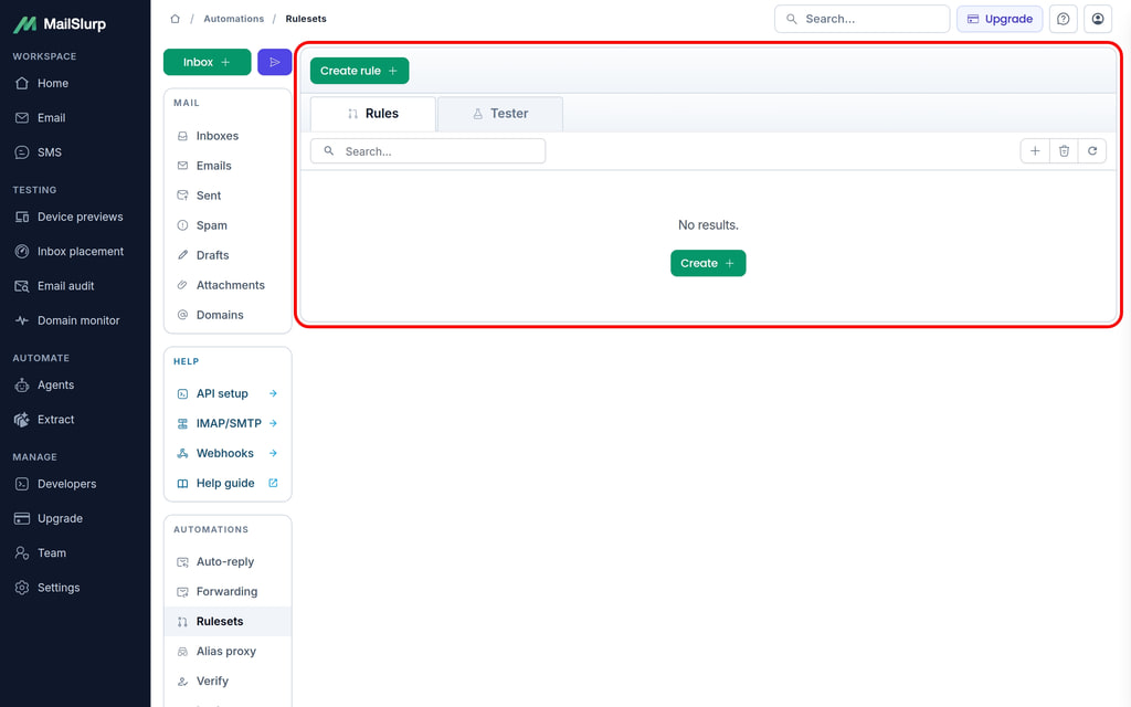 Find rulesets in dashboard: Click inboxes