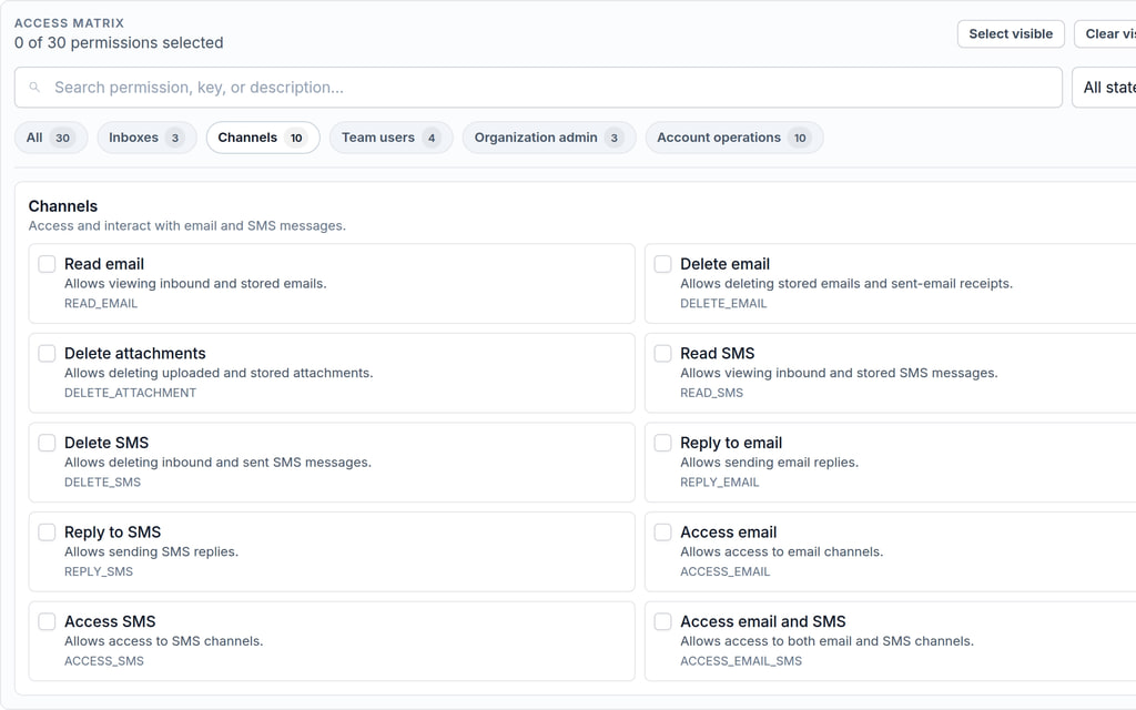 MailSlurp role editor showing delete email, delete attachment, and delete SMS permissions