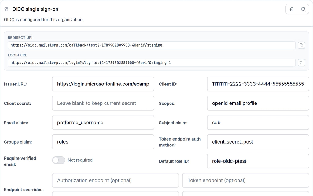 MailSlurp OIDC settings with redirect and claim fields