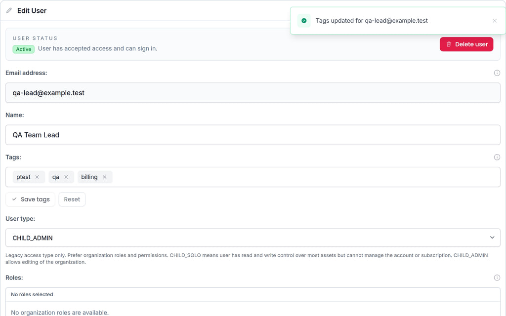 MailSlurp organization user tag editor with governance labels